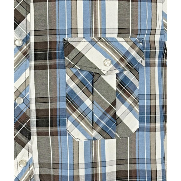 Coevals Club Shirt Men's Size Med. Blue Brown Plaid Pearl Snap Up Short Sleeve - Picture 3 of 9